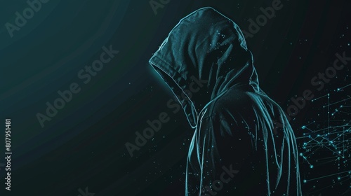 A hacker is wearing a hoodie and standing in a dark background