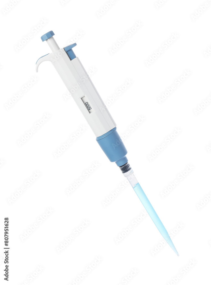 Fototapeta premium Laboratory analysis. Micropipette with liquid isolated on white