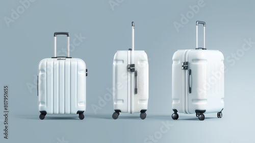 An illustration set of realistic 3D modern illustrations of white suitcases with handles and wheels from different perspectives. Plastic luggage for trips and vacations. Travel accessory template.