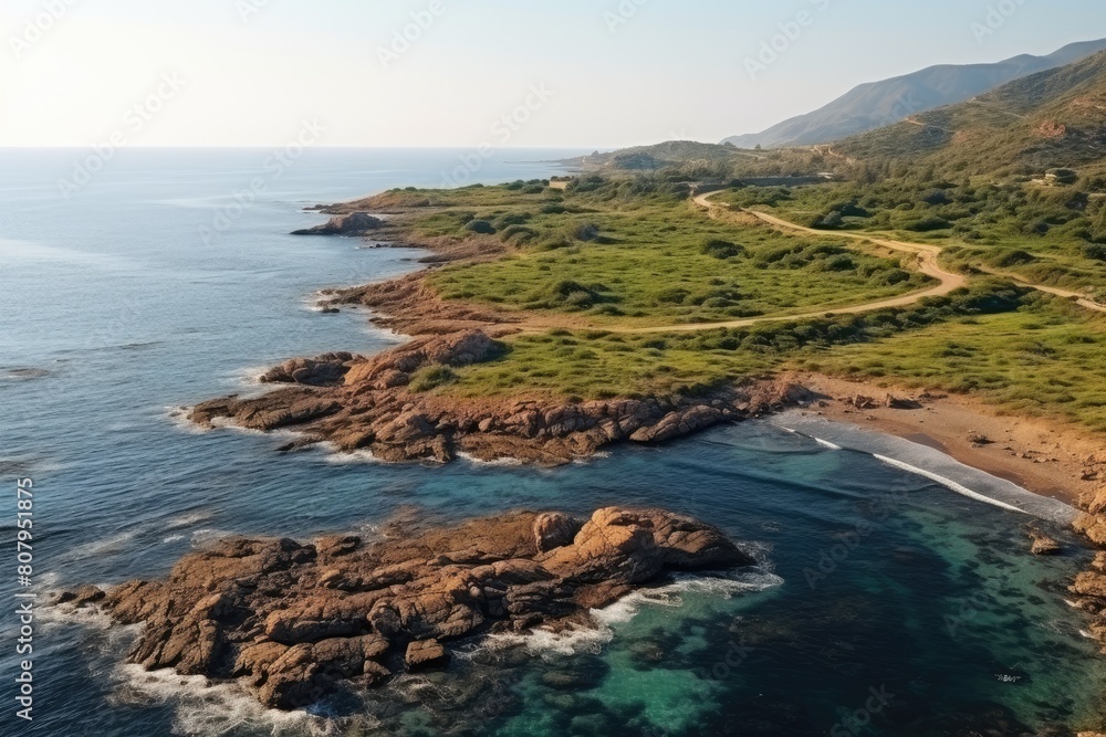 Sardinia Landscape. Scenic Coastal Aerial View with Winding Road and Rugged Cliffs