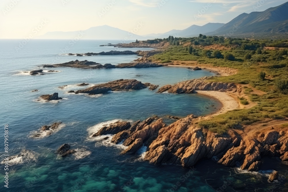 Sardinia Landscape. Stunning Aerial View of Coastal Landscape with Rocky Beaches and Lush Vegetation
