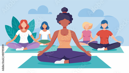 A gentle yoga class for individuals with fibromyalgia focusing on gentle stretches and meditation for pain relief.. Vector illustration