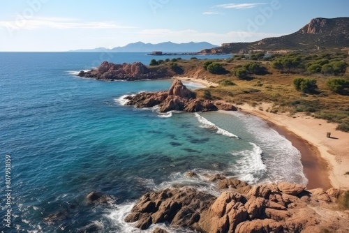 Sardinia Landscape. Stunning Aerial View of a Serene Mediterranean Beach Cove with Rocky Outcrops