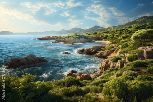 Sardinia Landscape. Scenic Coastal Landscape with Lush Greenery and Rocky Cliffs
