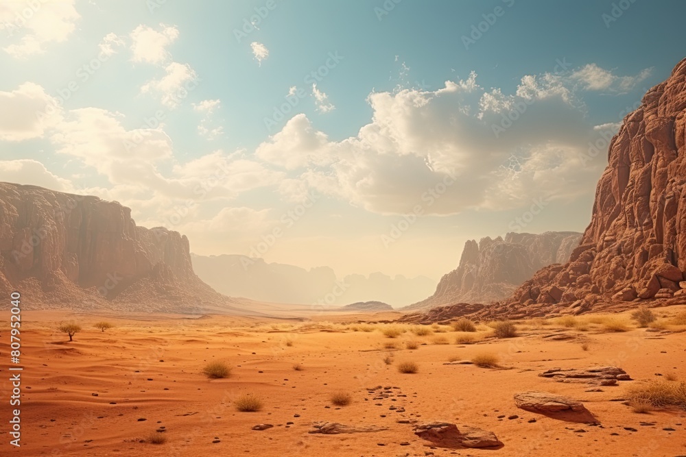 Saudi Arabia landscape. Majestic Desert Landscape with Rocky Cliffs and Vast Sandy Plains.