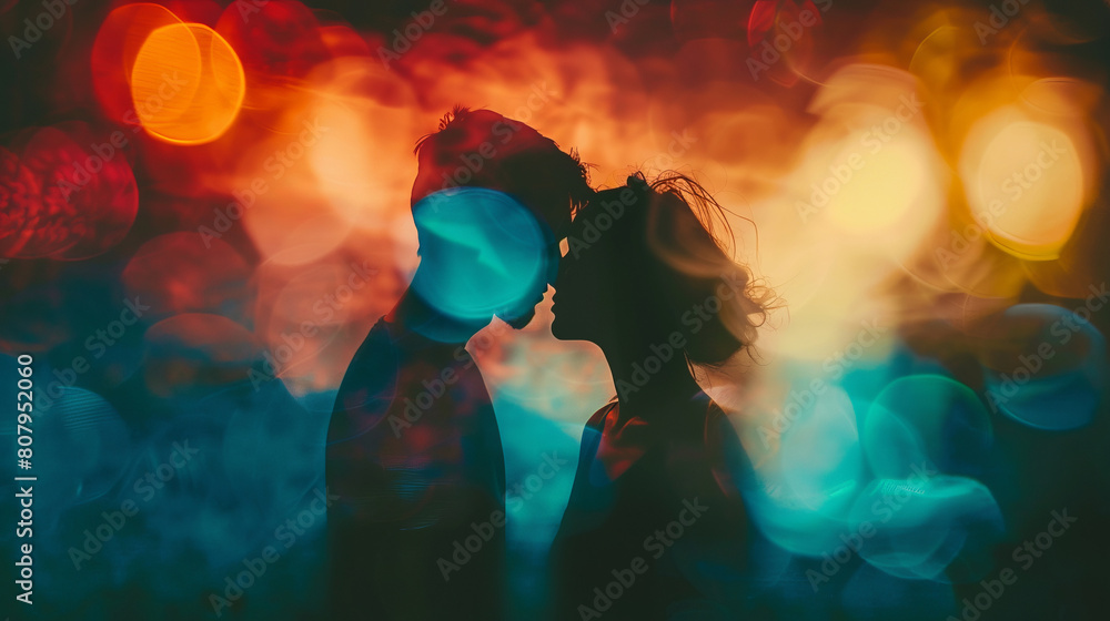 Silhouette of couple with colorful bokeh lights background Silhouette of couple with colorful bokeh lights background