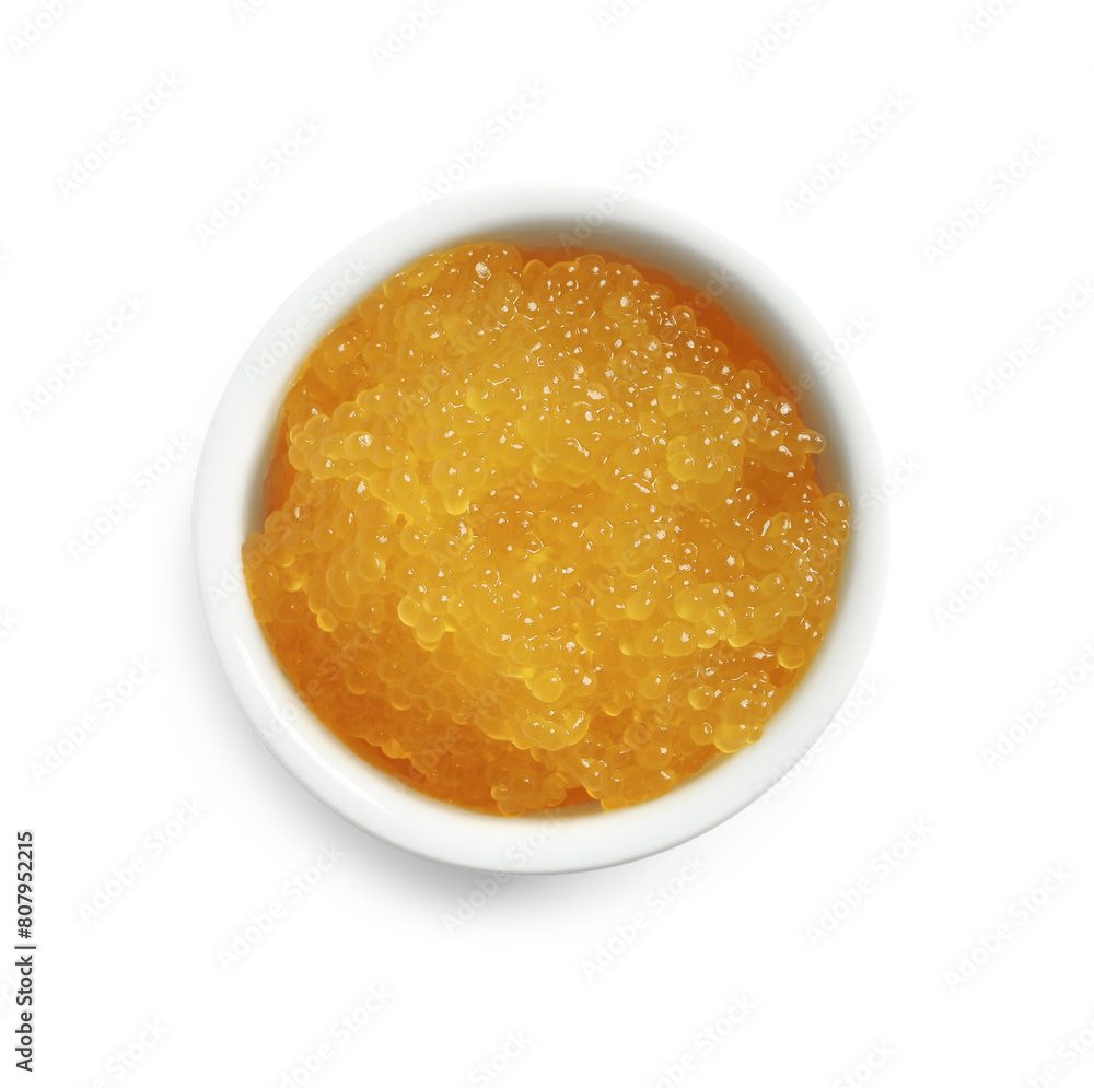 Fresh pike caviar in bowl isolated on white, top view Fresh pike caviar in bowl isolated on white, top view