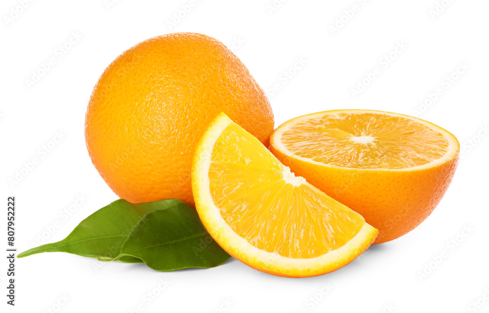 Whole and cut fresh oranges isolated on white Whole and cut fresh oranges isolated on white