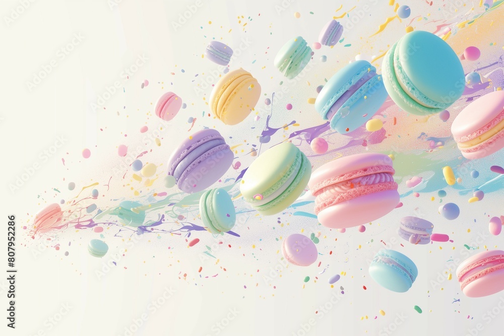 Colorful macarons flying on white backgroud with some colorful paint dust Colorful macarons flying on white backgroud with some colorful paint dust