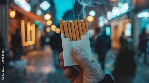 A human holds an open pack of cigarettes in his hand. Smoking kills. photo