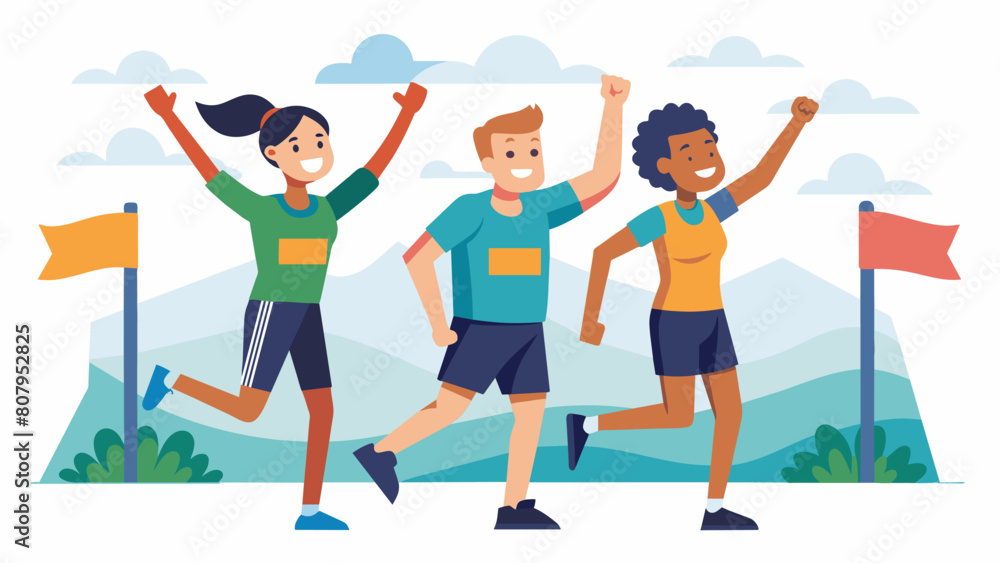 As they crossed the finish line hand in hand the adventure racing team celebrated not only their physical accomplishment but also the unbreakable bond. Vector illustration