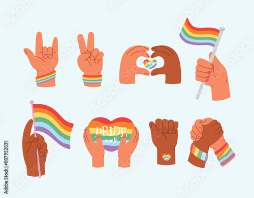 Pride month concept. Set of hand make a sign and holding rainbow flag. Flat cartoon style vector illustration