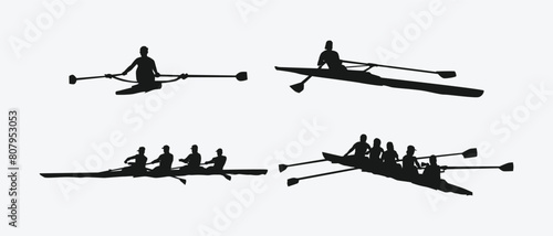 rowing silhouette collection set. water sport, race, transport, teamwork concept. different action, pose. monochrome vector illustration.