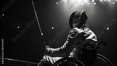 Wheelchair Fencer in Spotlight During Competition. Paralympics photo