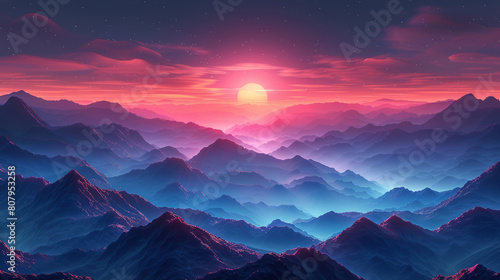 Stunning sunrise over layered mountain peaks in vibrant hues