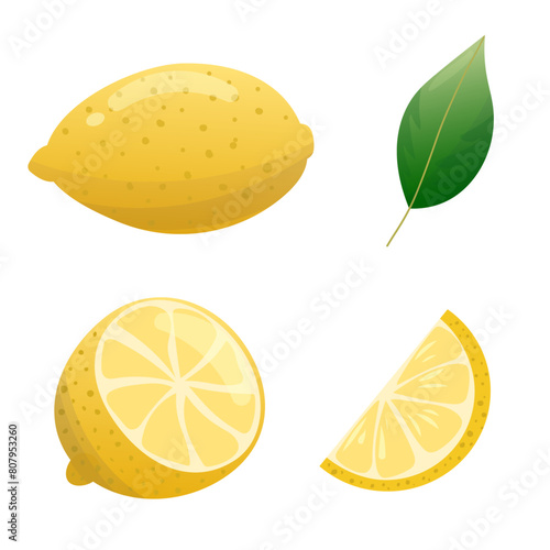 Lemon set. Leaves, half lemon, slice of lemon, yellow fruit. Juicy summer icon. Vector isolated on white background photo