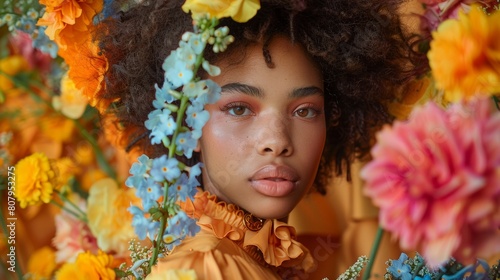  Young Woman Enveloped in Vibrant Floral Arrangement