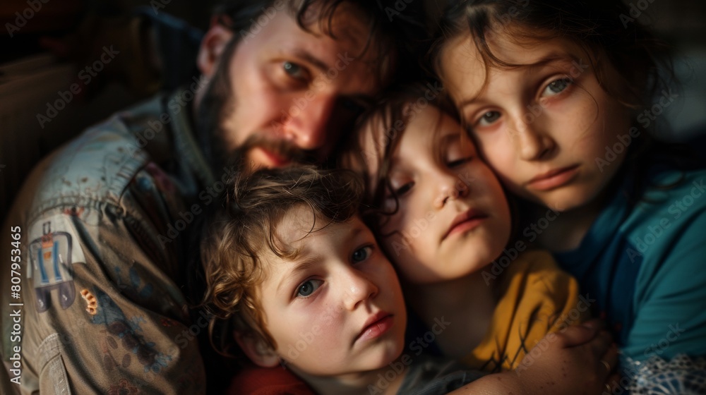 Tender Moment: Father and Children Sharing a Close Embrace Tender Moment: Father and Children Sharing a Close Embrace