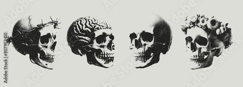 Trendy grunge texture human skull set with a retro halftone grain effect. Dotted stipplism photocopy texture. Y2k vintage elements for design skull with wreath, barb wire, brain