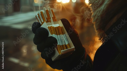 A human holds an open pack of cigarettes in his hand. Smoking kills. photo