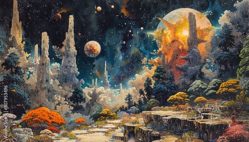 Illustrate a traditional art medium depiction of a sprawling space colony garden from a wide-angle perspective  highlighting unique gardening techniques Utilize watercolor for a blend of vivid colors