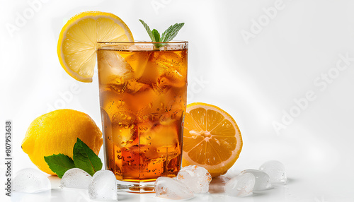 Glass of ice tea on white background
