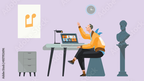 Video conference from home. Concept online meeting with colleagues, work and training via teleconference or video conferencing. Vector illustration