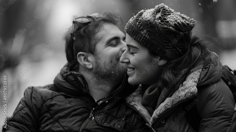 Joyful Couple Laughing Together in Winter, Black and White Portrait