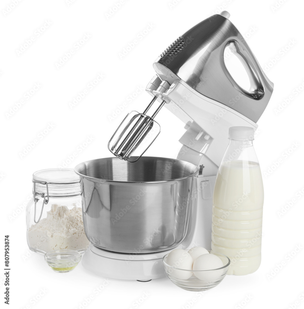 Stand mixer and different ingredients for dough isolated on white Stand mixer and different ingredients for dough isolated on white