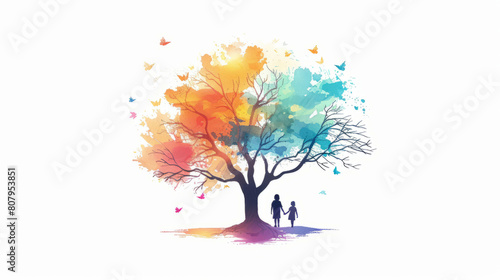 Colorful tree with couple walking under a vibrant butterfly sky