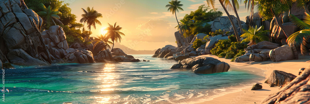 Fototapeta premium Tropical Island Beach with Palm Trees and Rocky Shoreline, Praslin Seychelles at Sunset