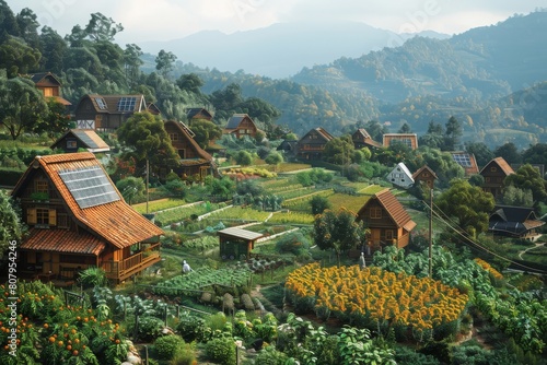 Rural eco-village with organic farming and solar-powered homes, Concept of agritourism and self-sustainable living photo