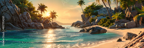 Tropical Island Beach with Palm Trees and Rocky Shoreline, Praslin Seychelles at Sunset photo