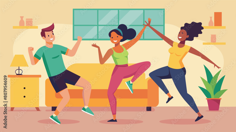 Sweatdrenched participants jump and twist to the energetic beats of Latin music at a lively living room Zumba session.. Vector illustration Sweatdrenched participants jump and twist to the energetic beats of Latin music at a lively living room Zumba session.. Vector illustration