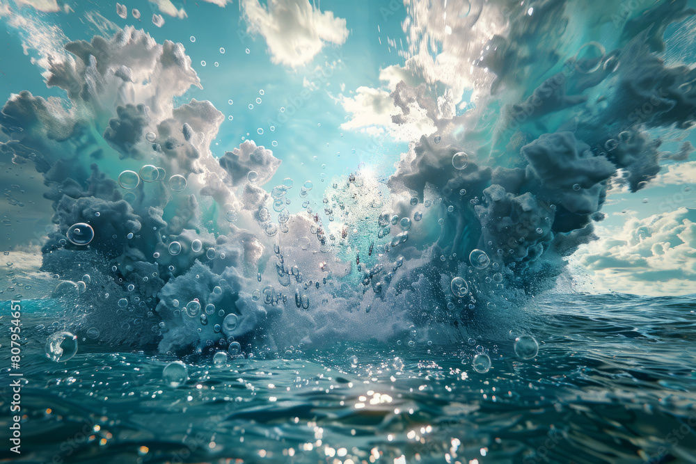Dramatic ocean splash with bubbles under sunny skies