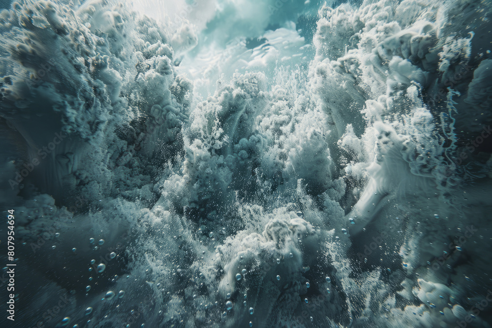 Dramatic underwater view of ocean waves and bubbles