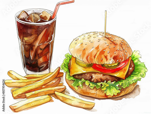 Hand-Drawn Burger and Fries with Soda
