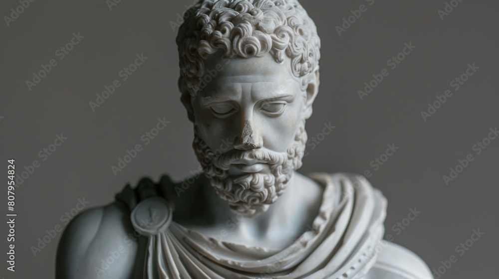 A close up of a fictional statue with beard and hair, AI