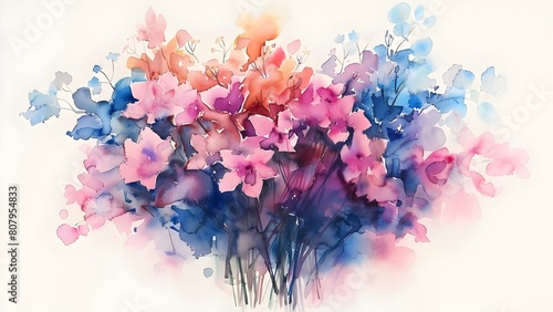 Watercolor painting of bouquet with wilting petals in hues of pink, purple, and blue. Concept Watercolor Painting, Bouquet, Wilting Petals, Pink, Purple, Blue photo