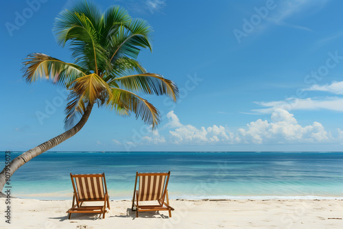 Two beach chairs under a single isolated palm tree on a tropical beach, looking out over the ocean © Mathias