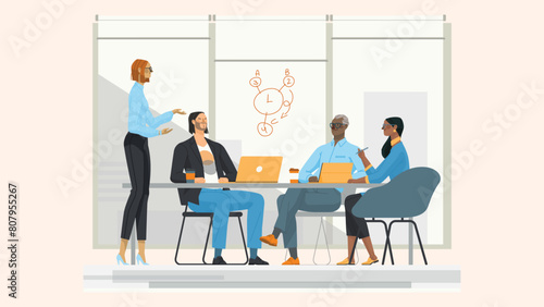 Group of businesspeople at the video conference call. Vector flat cartoon illustration. Online meeting with director. Business team at the video conference call in boardroom.