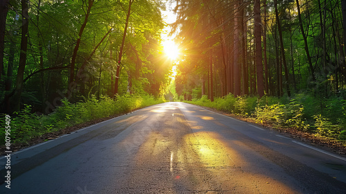 Sunlit forest road with lush green trees during sunset