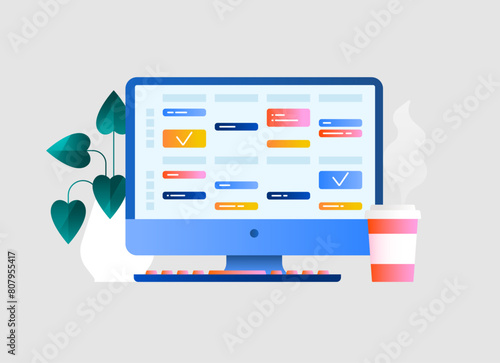 Online calendar with a daily schedule. Planning events, work tasks, appointments in a digital app. Business planner. Time management, scheduling concept. Isolated flat vector illustration