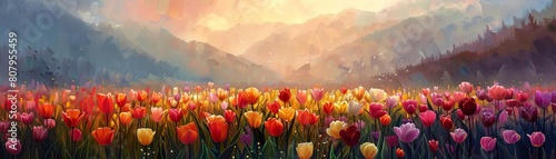 An impressionistic artwork of a sunrise over a tulip field, where the early morning light casts a warm glow on the multicolored blooms