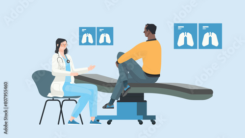 Doctor and patient in Hospital room with beds. Doctor and patient in Hospital room with beds and comfortable medical equipped in a modern hospital, interior vector illustration.