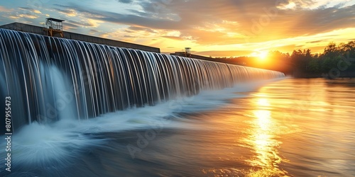 Sunset at hydroelectric plant symbolizing clean and renewable water energy source. Concept Renewable Energy, Sunset Photography, Hydroelectric Plant, Clean Water, Symbolism