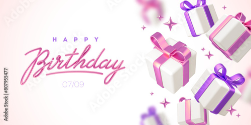 Birthday greeting design. Background with 3d white gift boxes with pink and purple ribbon and bow. Birthday celebration concept. Vector illustration.