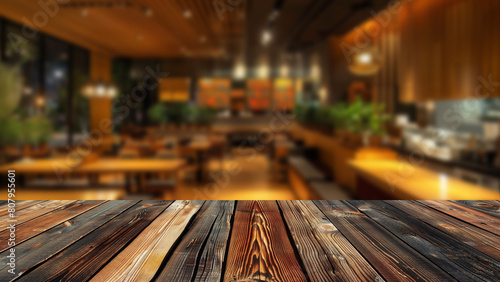 Wooden Table in Front of a Blurry Restaurant Night Scene