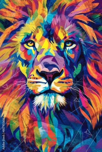A colorful painting of a lion with many colors, AI