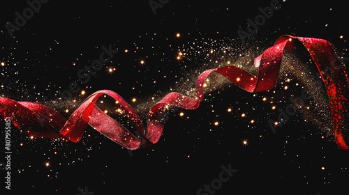 Abstract floating red ribbon with sparkling effect on dark background.